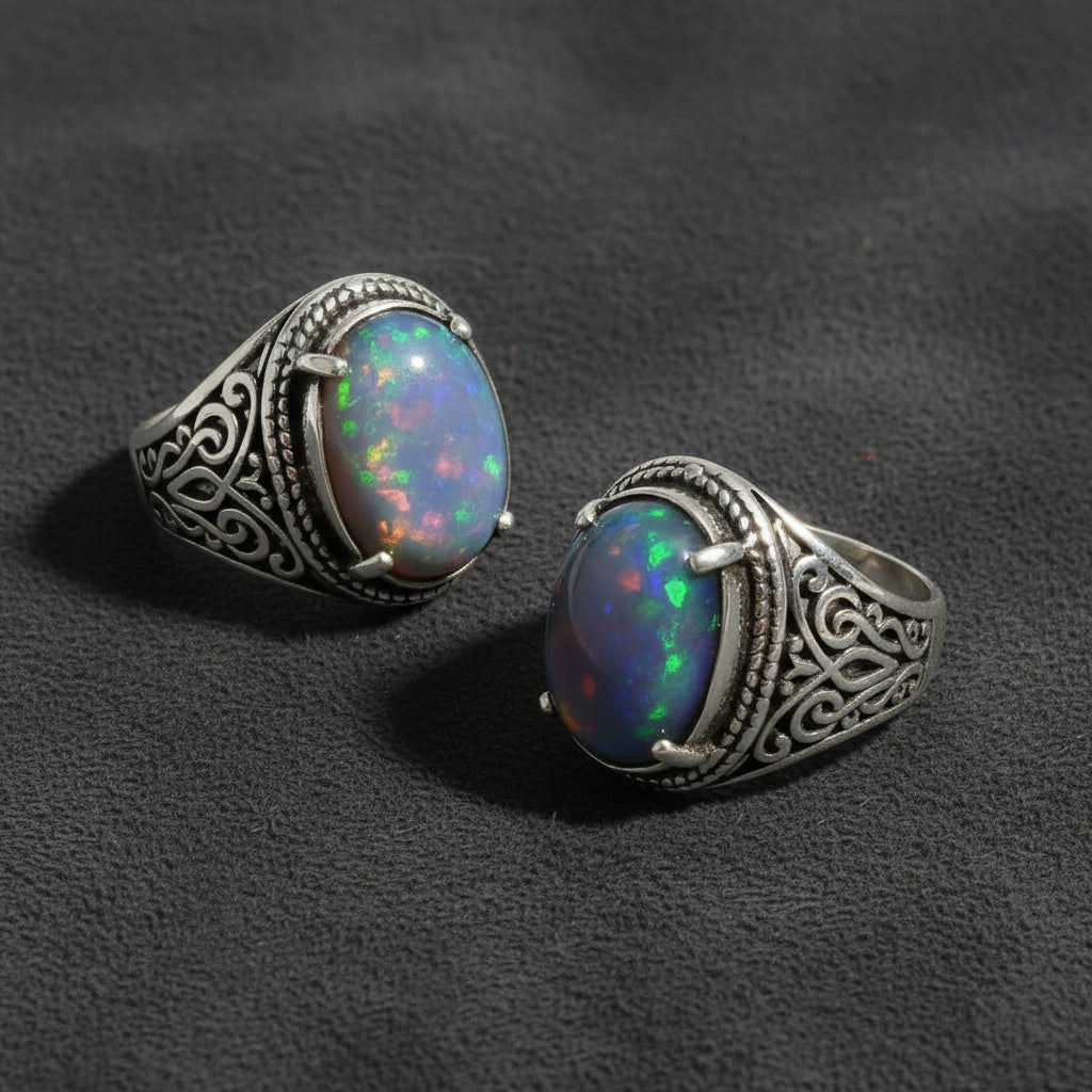 Lightning Ridge black opal pair in Celtic knot sterling silver setting